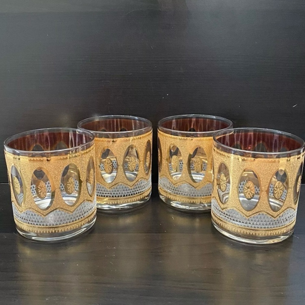 4 Vintage Culver 22K Gold Mid Century Modern MCM Geometric Circles Glasses